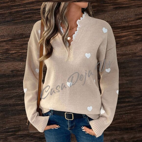 Serendipity Boutique Sweaters - Pretty Preppy Slouchy Lace Notch Collar Long Sleeve Soft Baggy Fuzzy Sweater